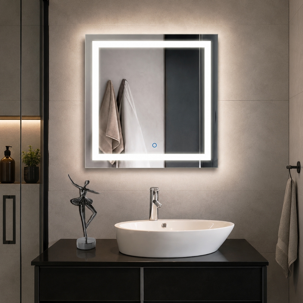 Espelho Grande Quadrado Jateado com Três Tons de led Touch Para Banheiro Maquiag