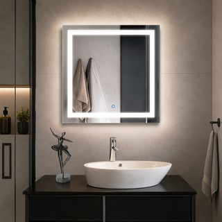 Espelho Grande Quadrado Jateado com Três Tons de led Touch Para Banheiro Maquiagem Penteadeira 50cm moderno
