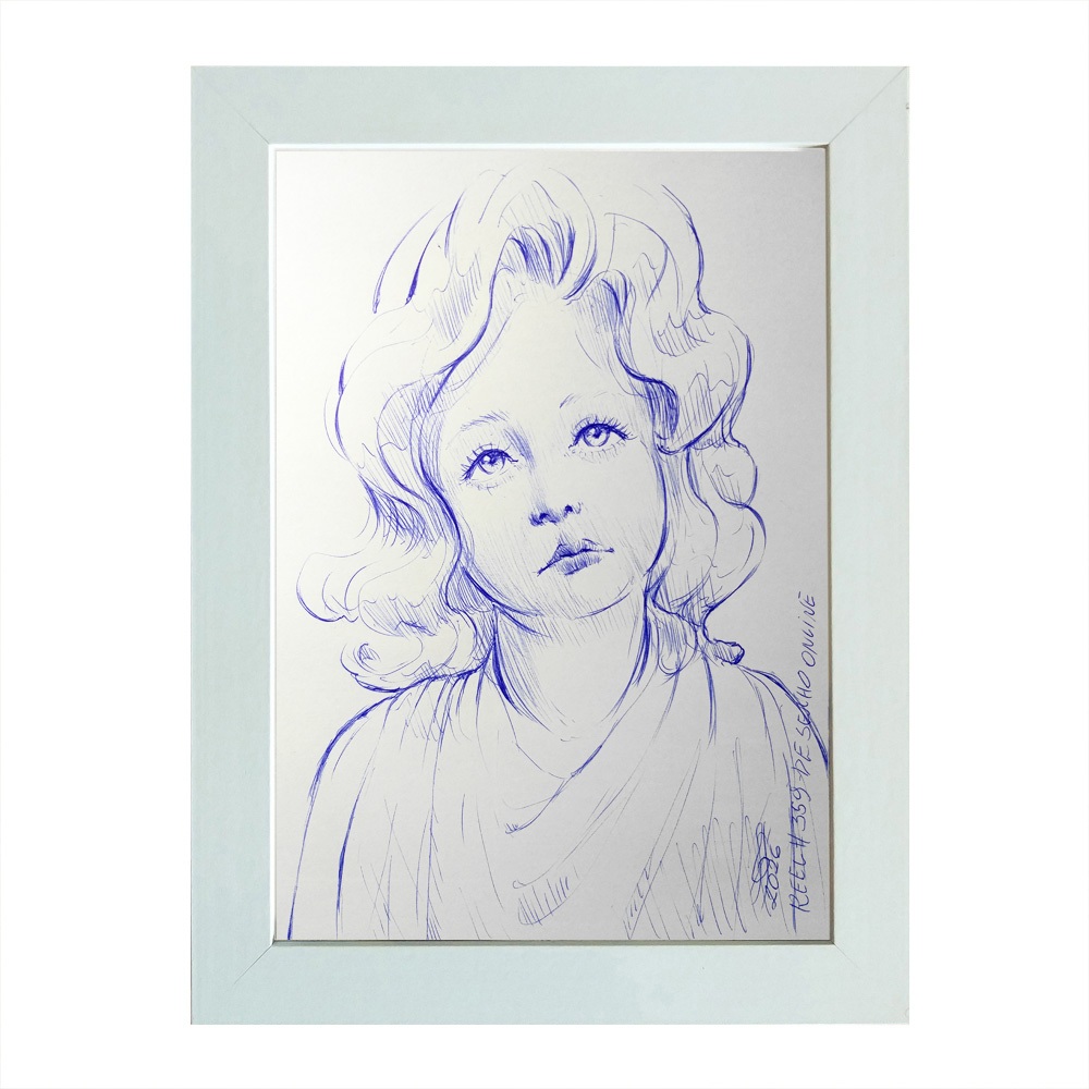 Quadro desenho original caneta azul Estrela no Céu a5 moldurado assinado arte original reel #359
