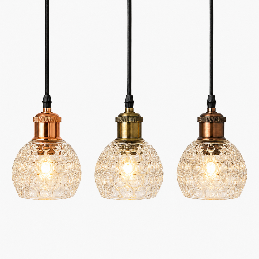 Pendente Vidro Bolha Canopla Preta Fio Tecido 1,2m – Bocal Golden Rosé, Ouro Velho ou Cobre