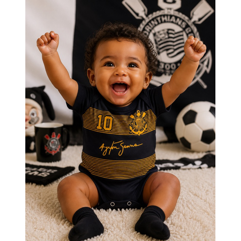 Body Bori Corinthians Bebe Infantil Preto Dourado Time Algodao
