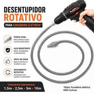 Desentupidor Rotativo Profissional c/ Adaptador Furadeira Mola Aço Inox