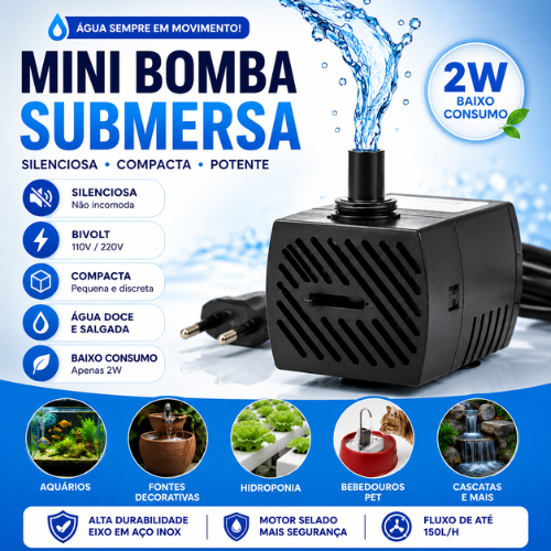 Bomba Submersa Aquário Fonte Pet 2W Bivolt Silenciosa Compacta Água Doce Salgada Hidroponia Mini Baixo Consumo 2w IP8 X