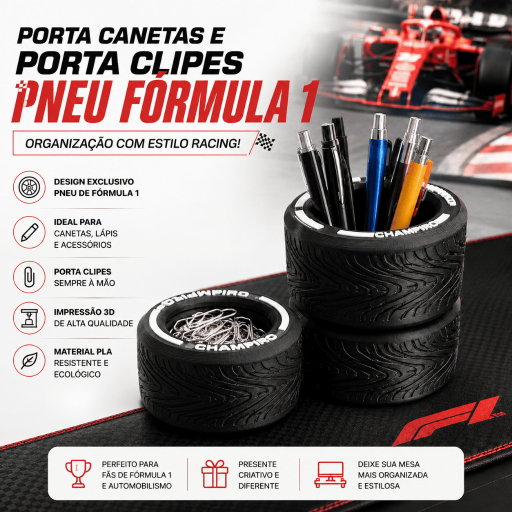 Porta Canetas e Porta Clipes Pneu Fórmula 1 | Organizador de Mesa Criativo | Impressão 3D PLA