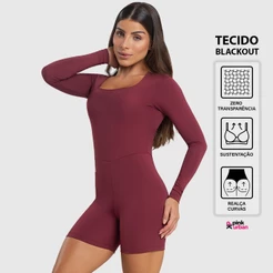 Macaquinho Fitness Feminino Manga Longa Decote Quadrado Balance Blackout Zero Transparência