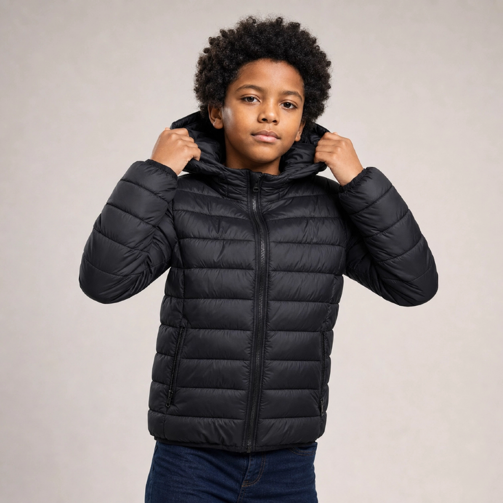 Jaqueta Puffer Infantil Masculina Peluciada Com Capuz 100% Impermeável