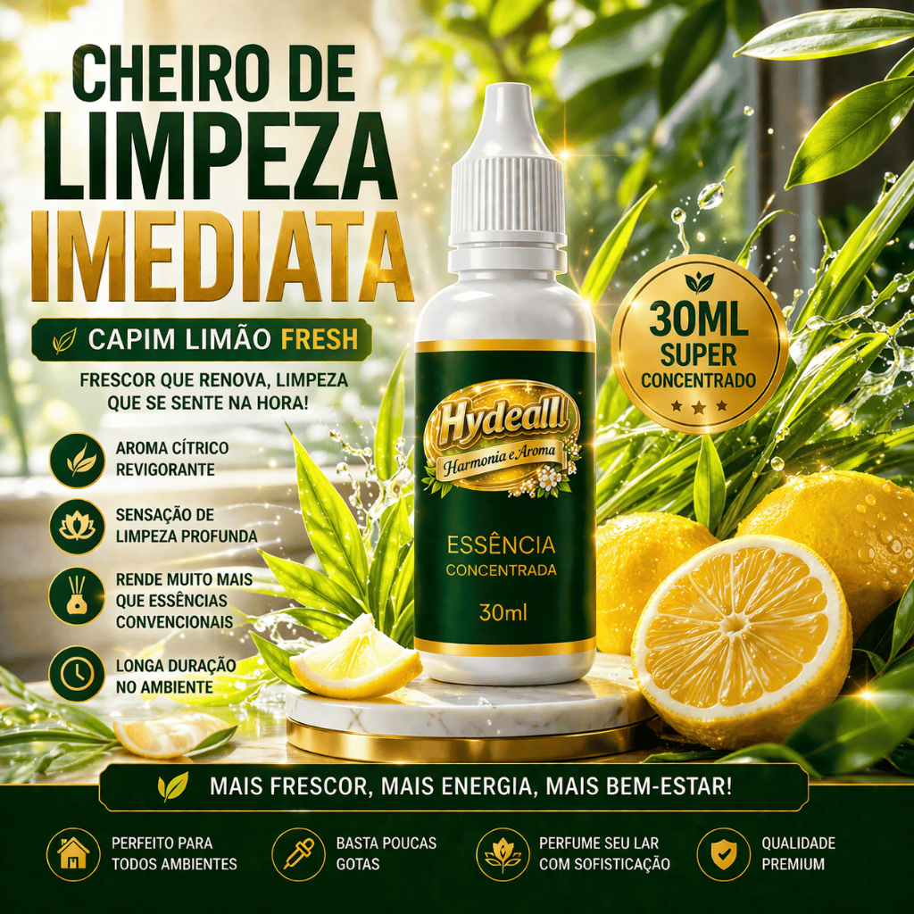 Essência Capim LImão Fresh Concentrada 30ml Hydeall para Difusor, Umidificador Aromatizador Premium