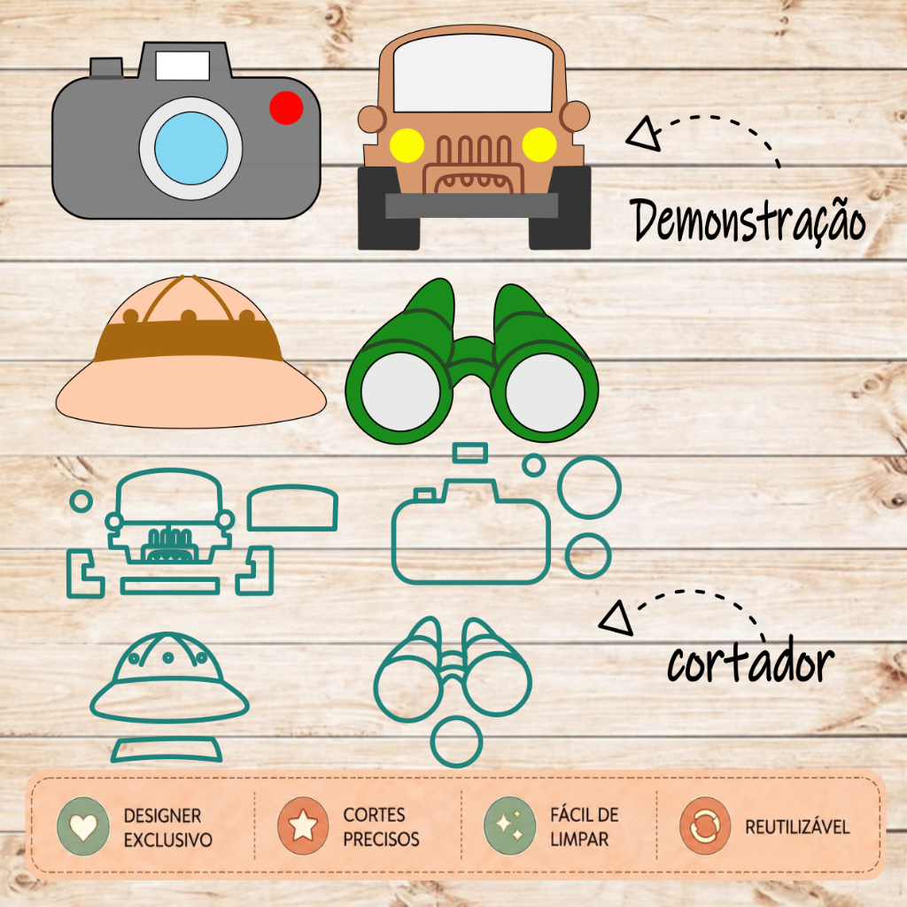 Cortador Safari Mickey Kit e Unidades Carro Camera Chapeu Binoculo Forminha Confeitaria e Artesanato