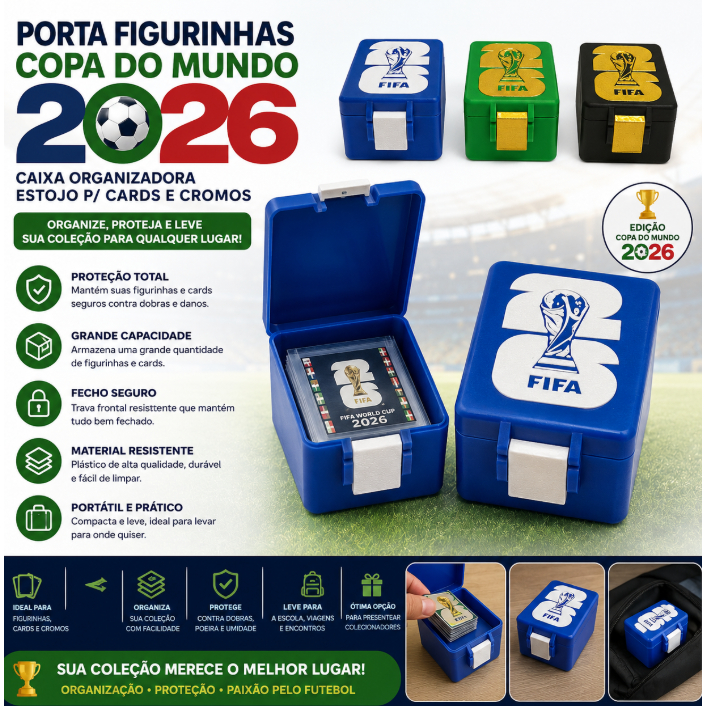 Porta Figurinhas Copa do Mundo 2026 - Caixa Organizadora Estojo p/ Cards e Cromos