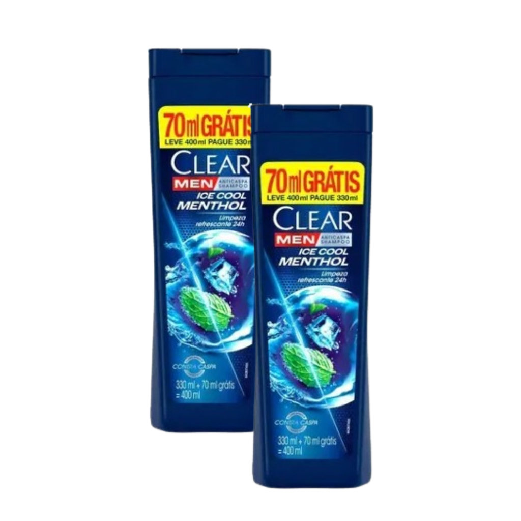 Kit 2 Clear Shampoo Men Anticaspa Ice Cool Menthol 400Ml - 2 Unidades