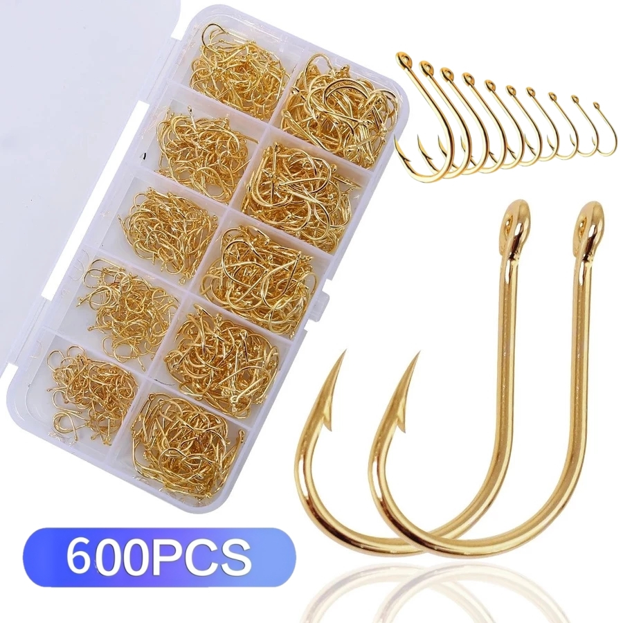 Kit Caixa de Pesca com 600 Anzóis Chinu Dourado #3 ao #12