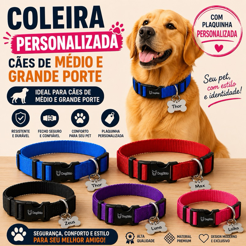 Coleira para Cachorro Médio e Grande com Plaquinha de Identificação Personalizada Nome e Telefone