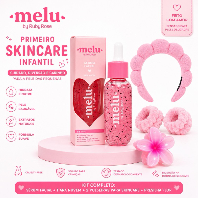 Kit Infantil Melu By Ruby Rose Sérum Facial Melancia Faixa Skincare e Acessórios Rosa