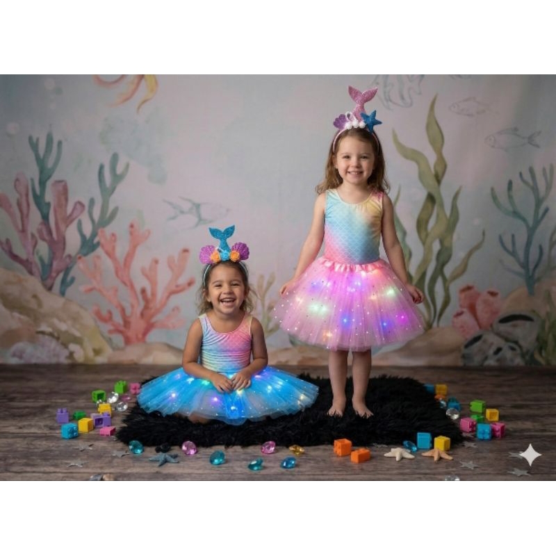 fantasia infantil sereia kit 3 pçs body saia tule com led luz blogueira moda aniversário Carnaval.