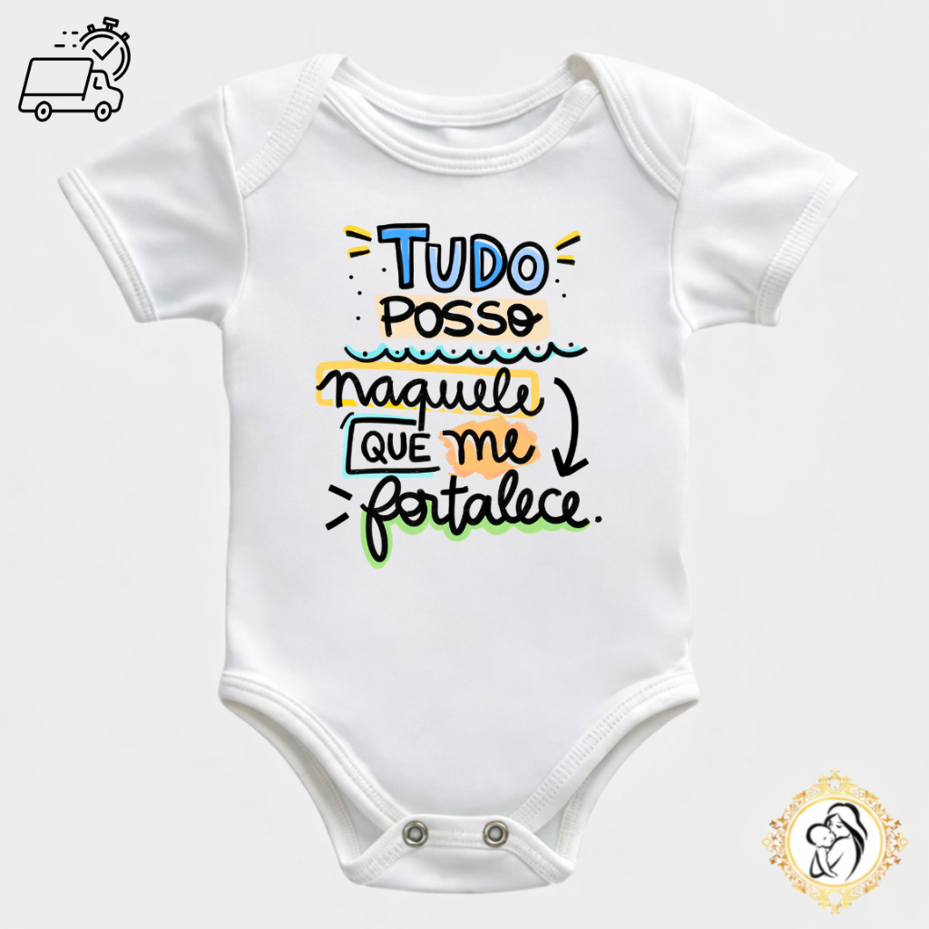 Roupa de Bebê Frase Religiosa Tudo Posso Naquele Que Me Fortalece Body Infantil Menino Menina