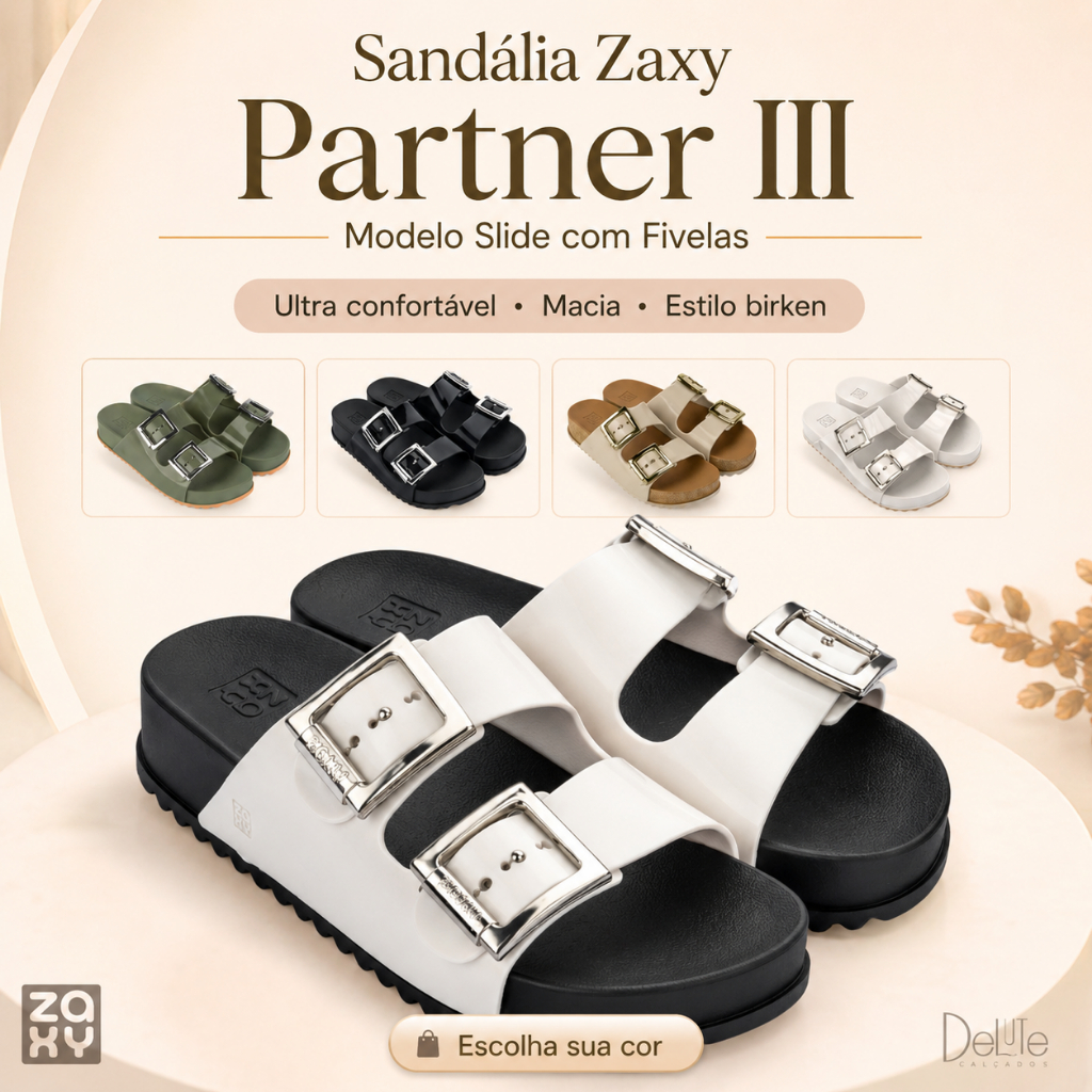 Sandália Zaxy Partner III com Fivelas Birken Modelo Slide Ultra Confortável Moda Feminina Macia