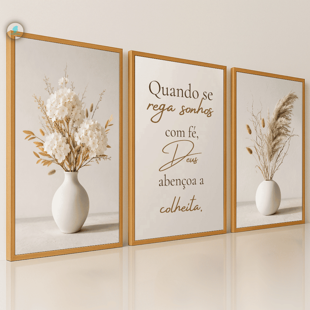 Quadros Decorativos Trio Vasos Flores Brancas Fé Bíblico Moderno 3D Sala Quarto