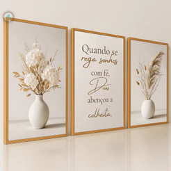 Quadros Decorativos Trio Vasos Flores Brancas Fé Bíblico Moderno 3D Sala Quarto