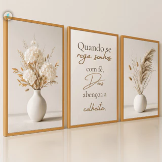 Quadros Decorativos Trio Vasos Flores Brancas Fé Bíblico Moderno 3D Sala Quarto
