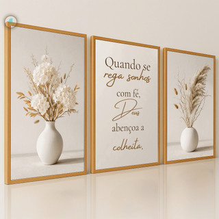 Quadros Decorativos Trio Vasos Flores Brancas Fé Bíblico Moderno 3D Sala Quarto