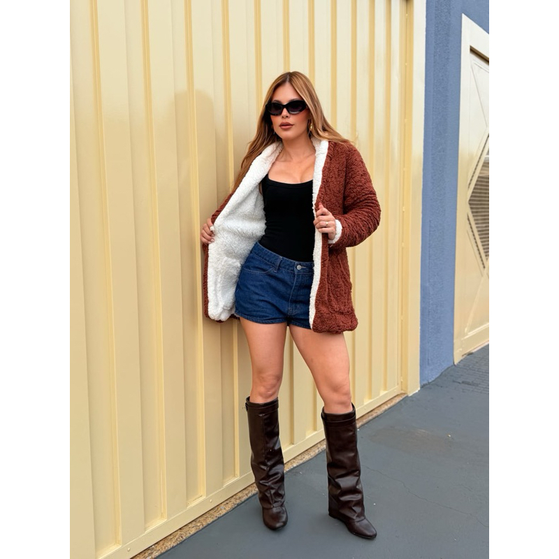 Casaco Teddy reversivel  com capuz dupla face moda feminina inverno