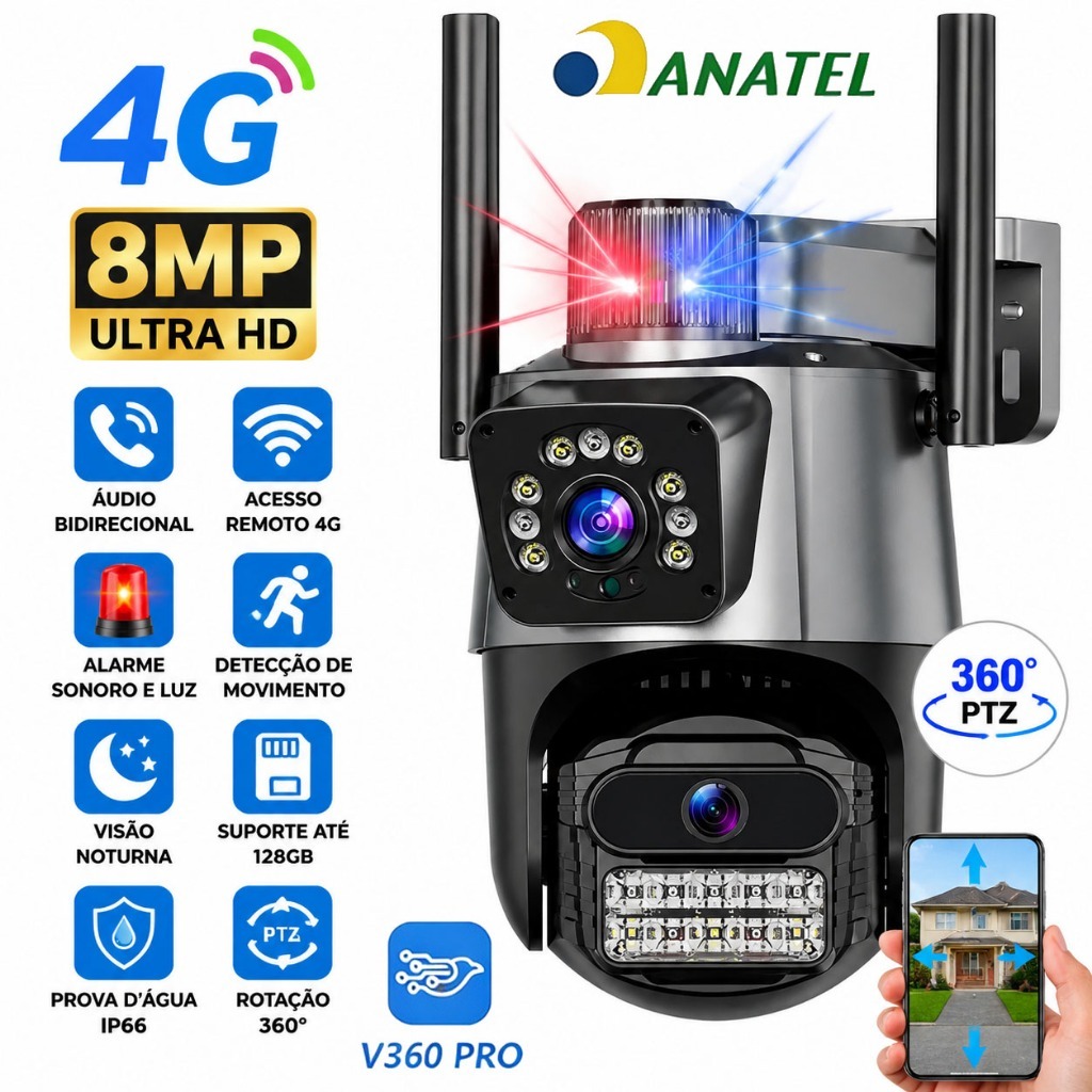 Câmera de Segurança WiFi ANATEL Aprovada 2 Lentes 8MP 360° Visão Noturna Áudio Bidirecional P11