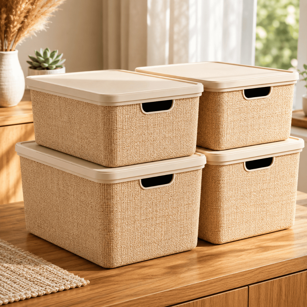 Kit 4 Caixas Organizadoras com Tampa 15L e 22L Rattan Empilháveis Guarda Roupa