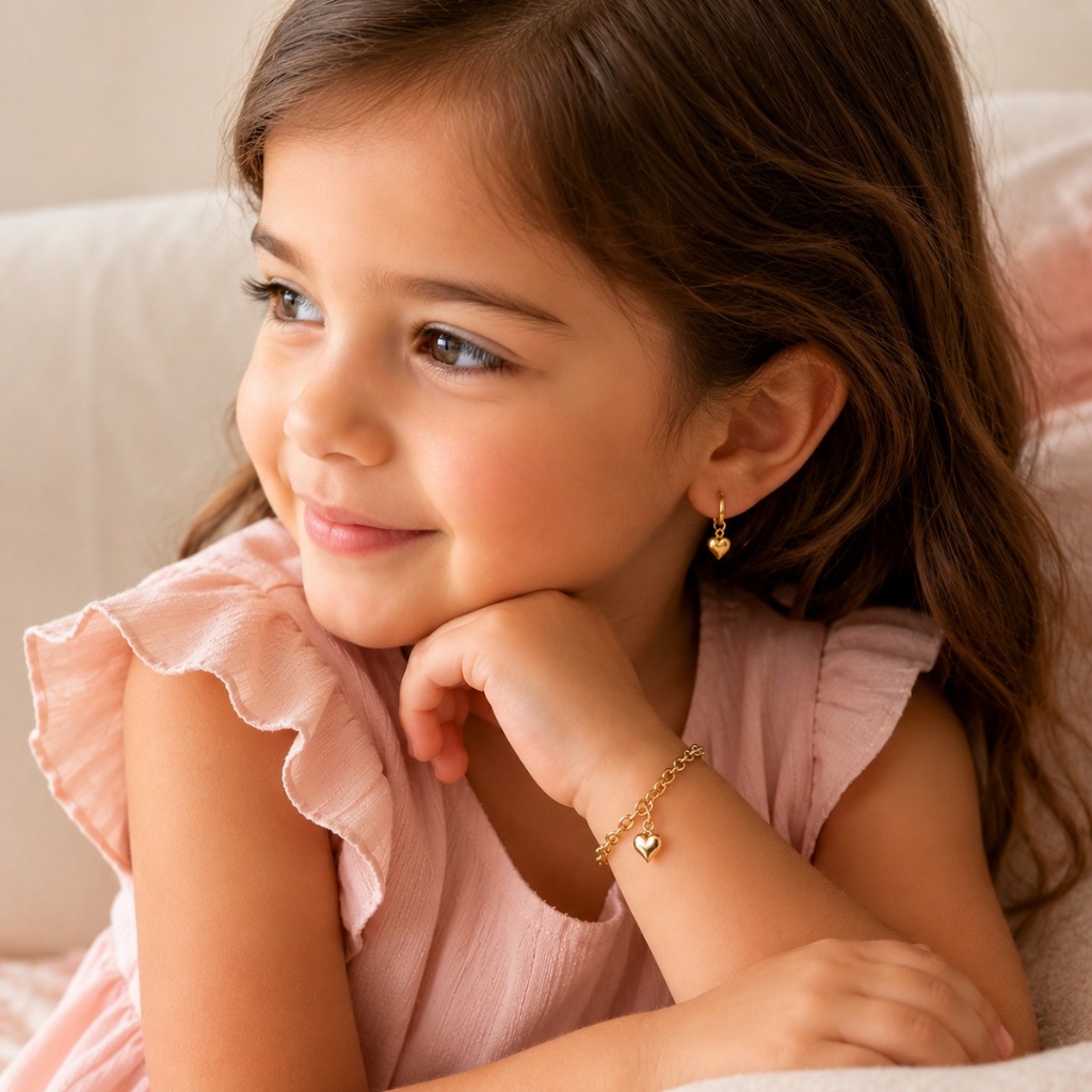 Kit Pulseira Infantil Menina Berloque Coração + Brinco Argola Click Coração Banhado a Ouro18k — imagem 2 de 2
