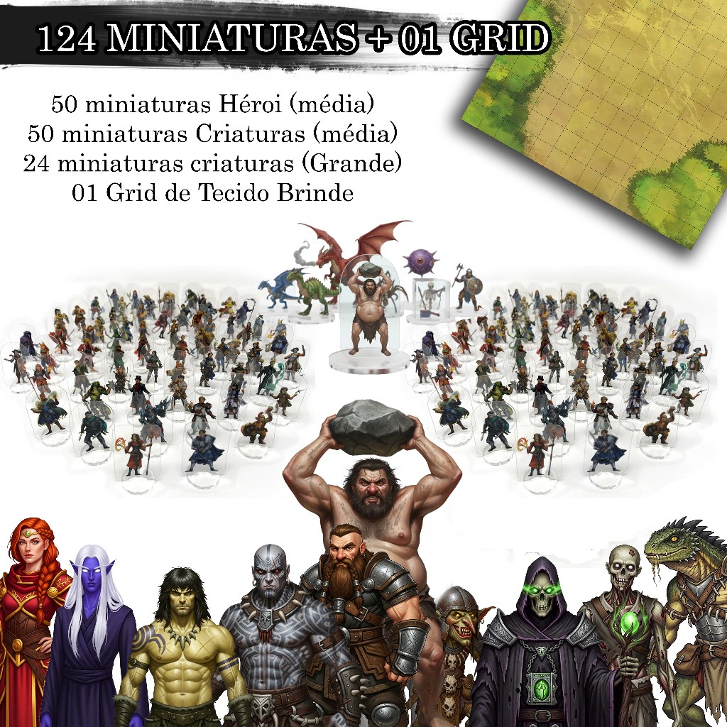 KIT RPG 50, 100, 124 MINIATURAS DE ACRÍLICO + 1 GRIDS EM TECIDO DUNGEONS AND DRAGONS E OUTROS