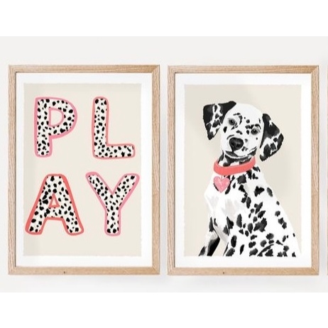 Quadros decorativos dálmata infantil pet shop palavra Play (2 peças)