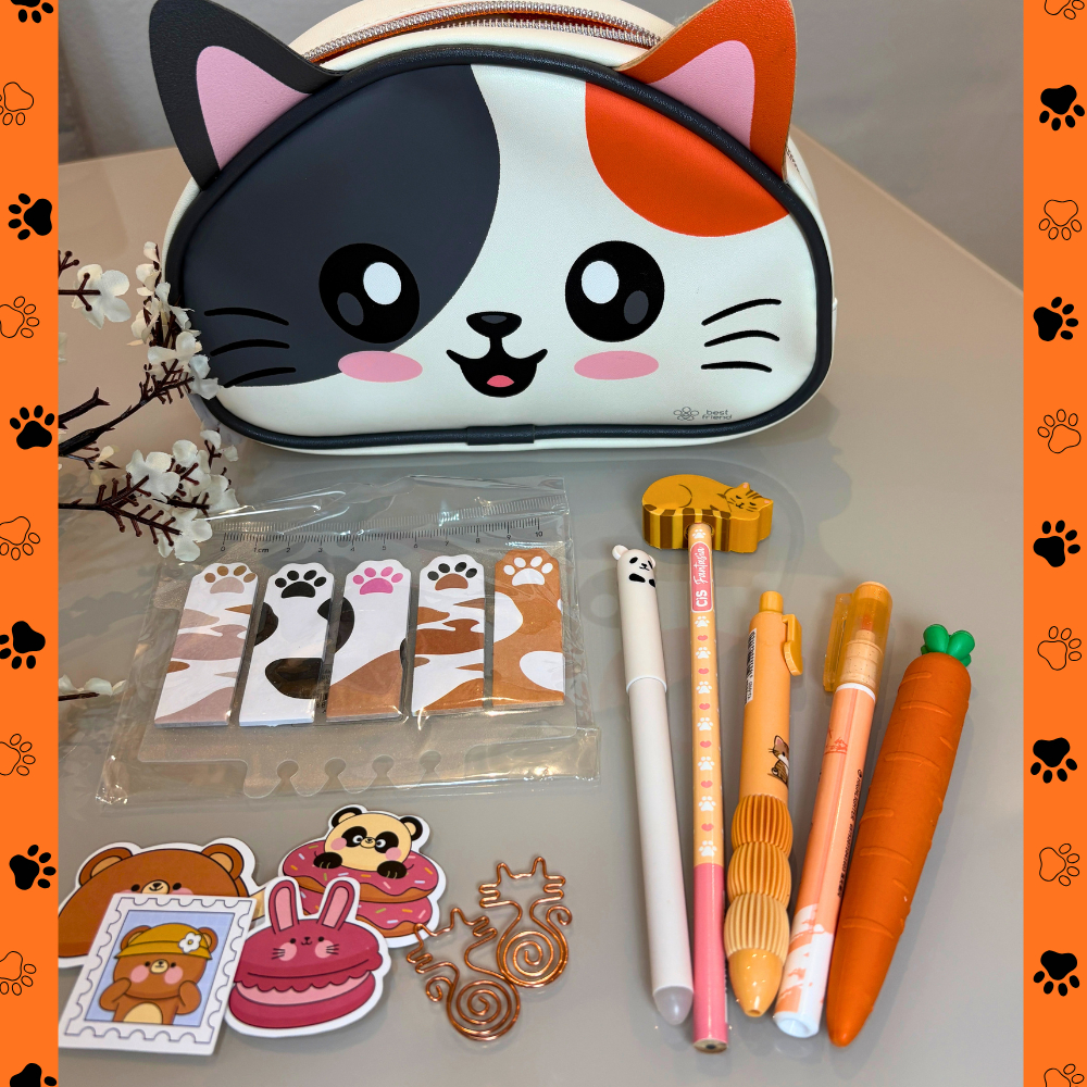 Kit Papelaria 10 Peças Kawaii Estojo Gatinho Caneta Lápis Clips Bloco Adesivo Presente Fofo Escola papelaria fofa