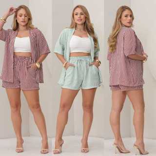 Conjunto Kimono e Short Feminino Com Bolso Duas peças Listrado