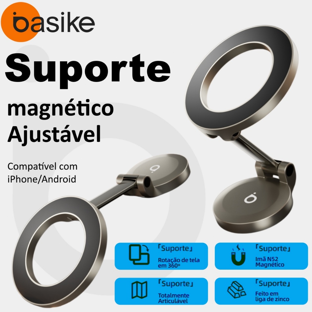 BASIKE Suporte Magnético para Carro, Ímã Forte N52, Instalação Rápida, Universal Compatível com Todos os Celulares