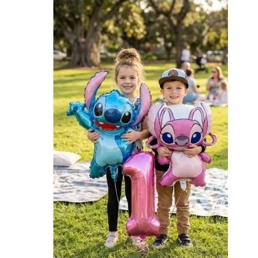 Kit Balões Metalizado Stitch Angel Rosa Com Numero Decoracao Tematica Festa Infantil 3pçs