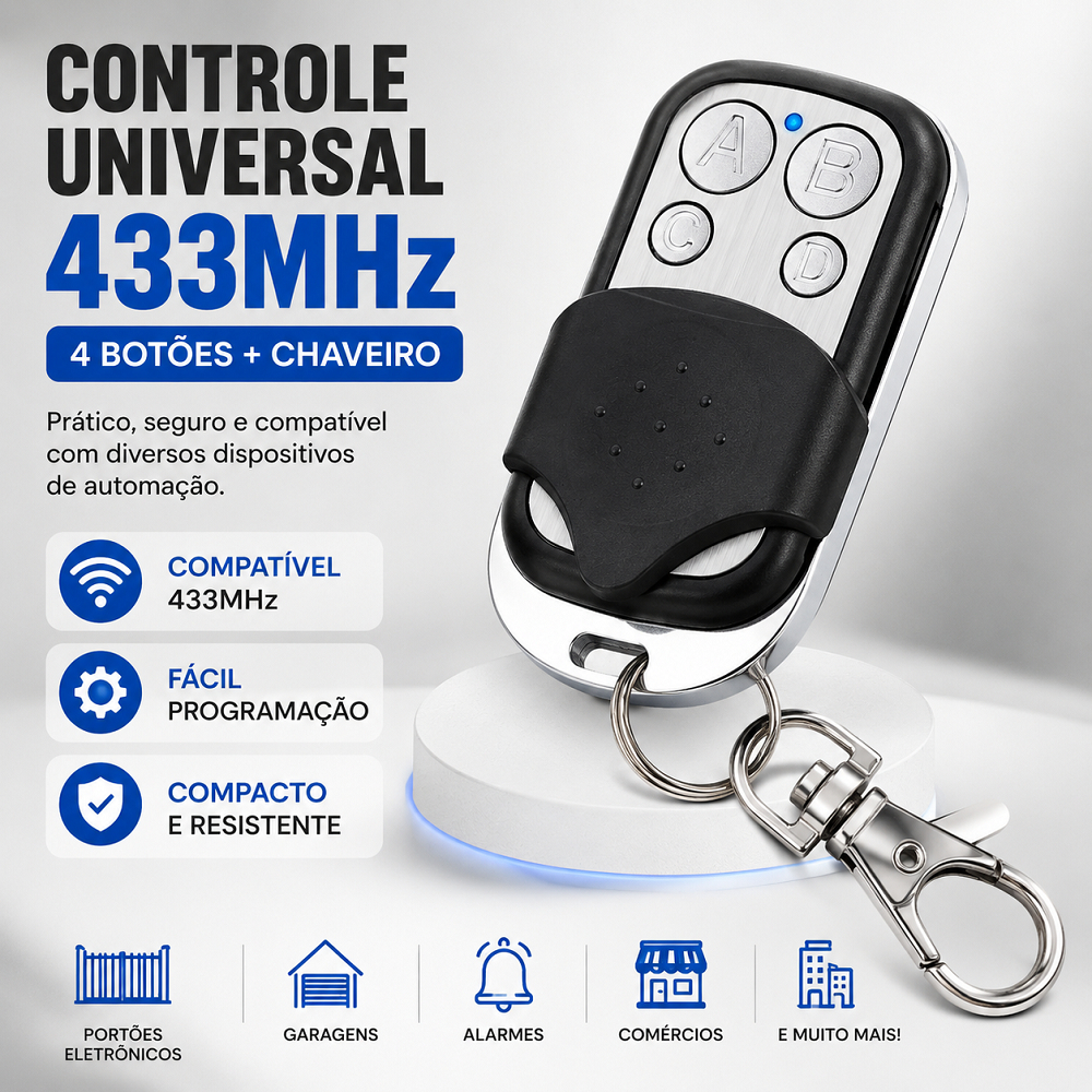 Controle Remoto Universal 433MHz Compatível com Portão Elétrico Automatico Garagem 4 Botões LED Indicador Com Chaveiro