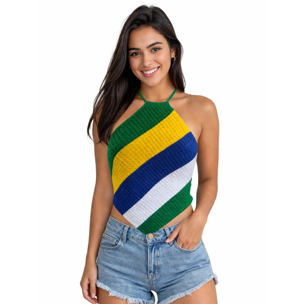Top Cropped Blusa Feminina Tricô Listrada Brasil Copa verde,amarelo, branco e azul