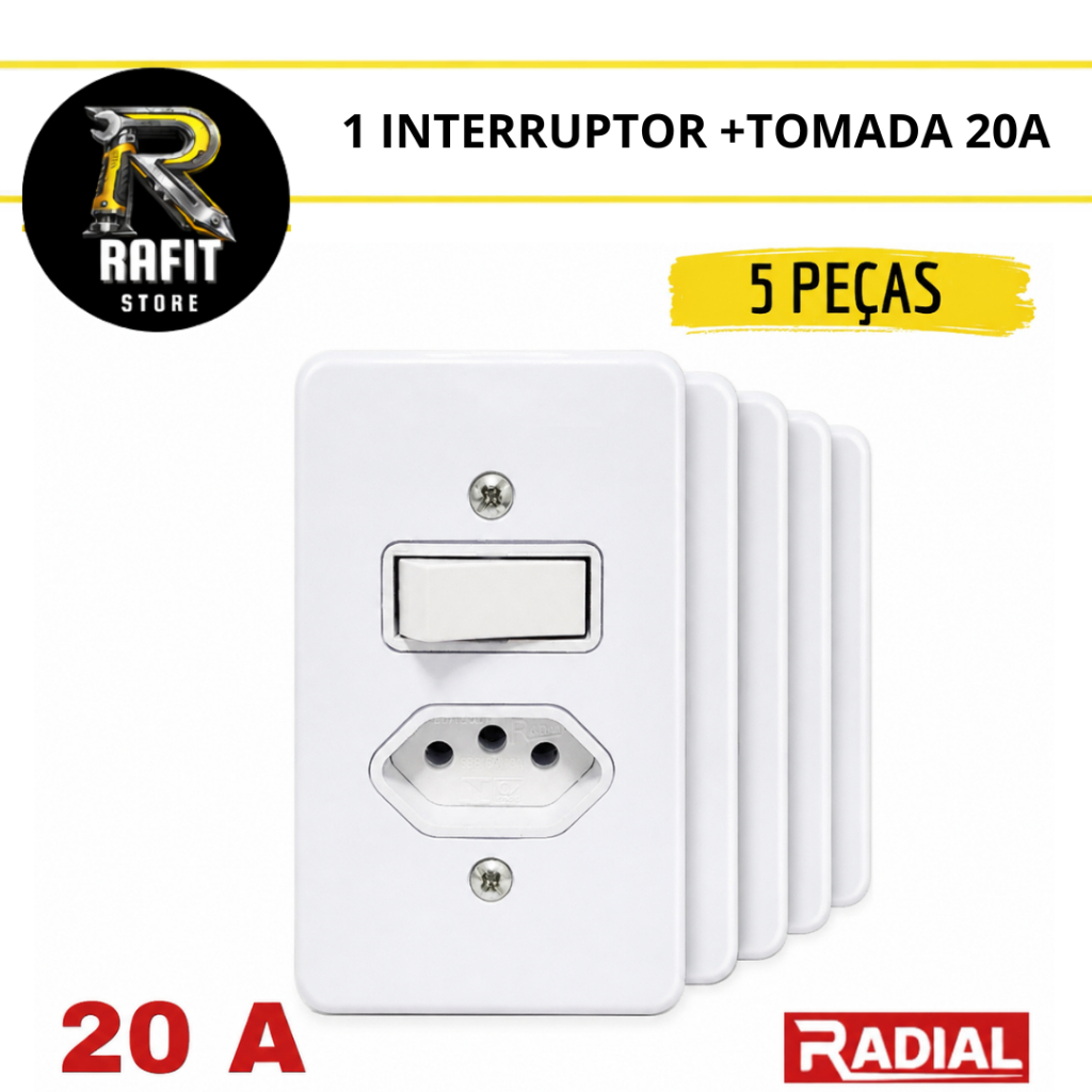 Kit 5 Peças Tomada 20A Com Interruptor Apagador Simples 110v-220v