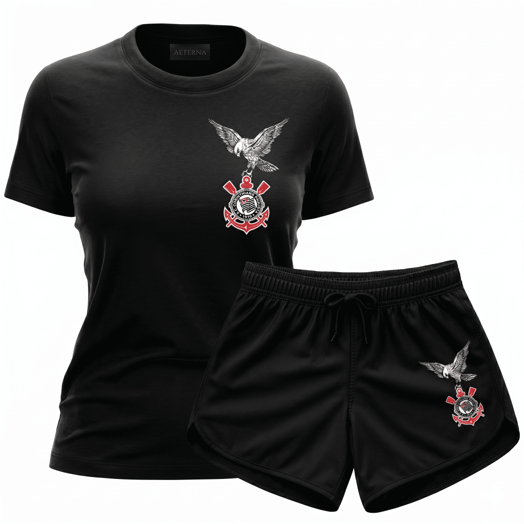 Kit Feminino Camisa e Shorts Gaviões Corinthians Timão Fiel SCCP Conjunto Preto e Branco