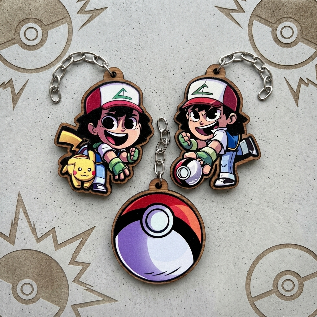 Kit Chaveiros Pokémon Ash Pikachu Pokébola MDF Geek Colecionável