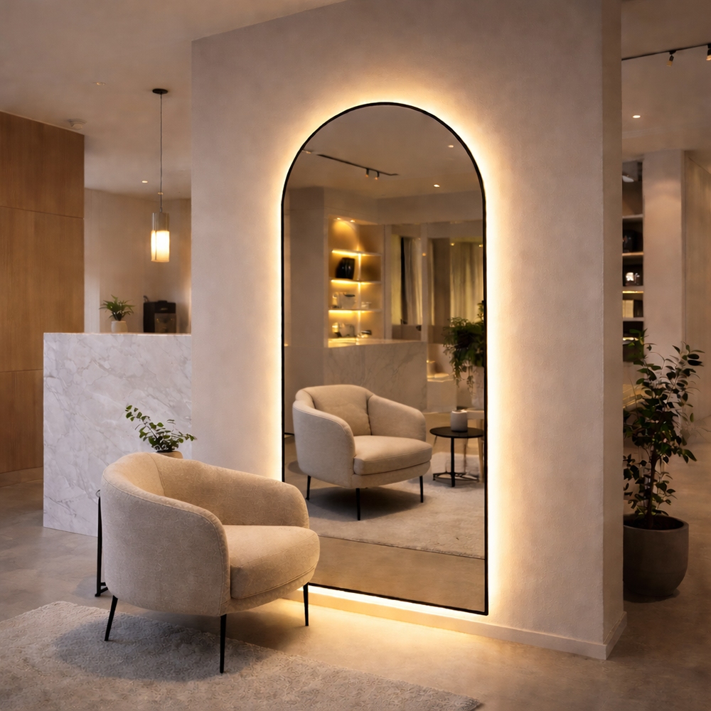 Espelho Portal 160x70cm Corpo Inteiro com LED Amarelo Grande Para Loja Estúdio Recepção Sofisticado