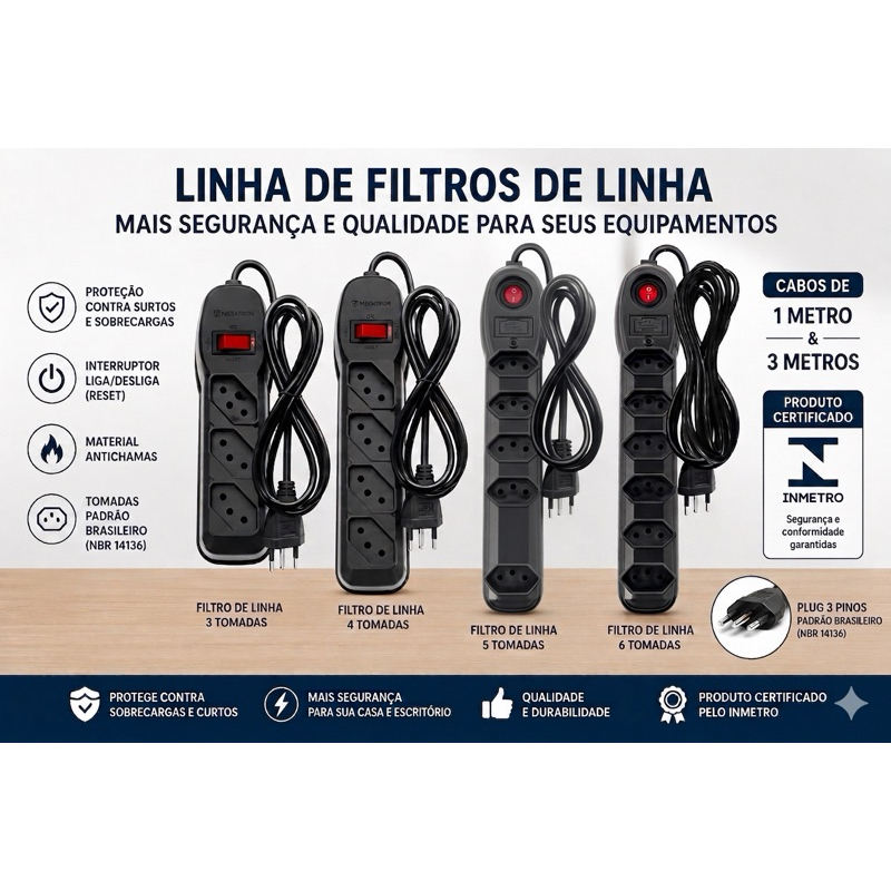FILTRO DE LINHA EXTENSÃO ELÉTRICA REGUA 3 4 5 6 TOMADAS 10AMPERES CABO 1 e 3 METROS MEGATRON