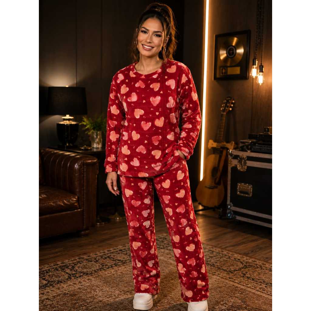 PIJAMA BLUSA  FEMININO AGASALHO ROUPA  DORMIR PLUSH INVERNO QUENTINHO CONFORTAVEL PELUCIADO SOFT CONJUNTO MANGA LONGA