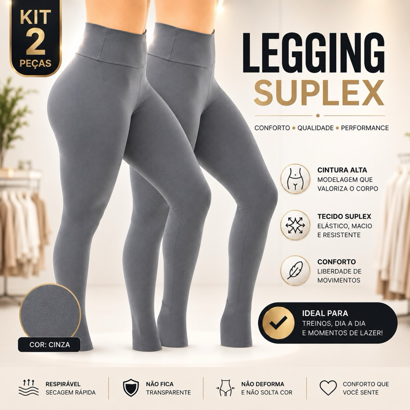 kit 2 Calça Leggings Suplex Fitness - Zero Transparência Cintura Alta Casual Plus Size - confortavel. P ao G3-Cinza