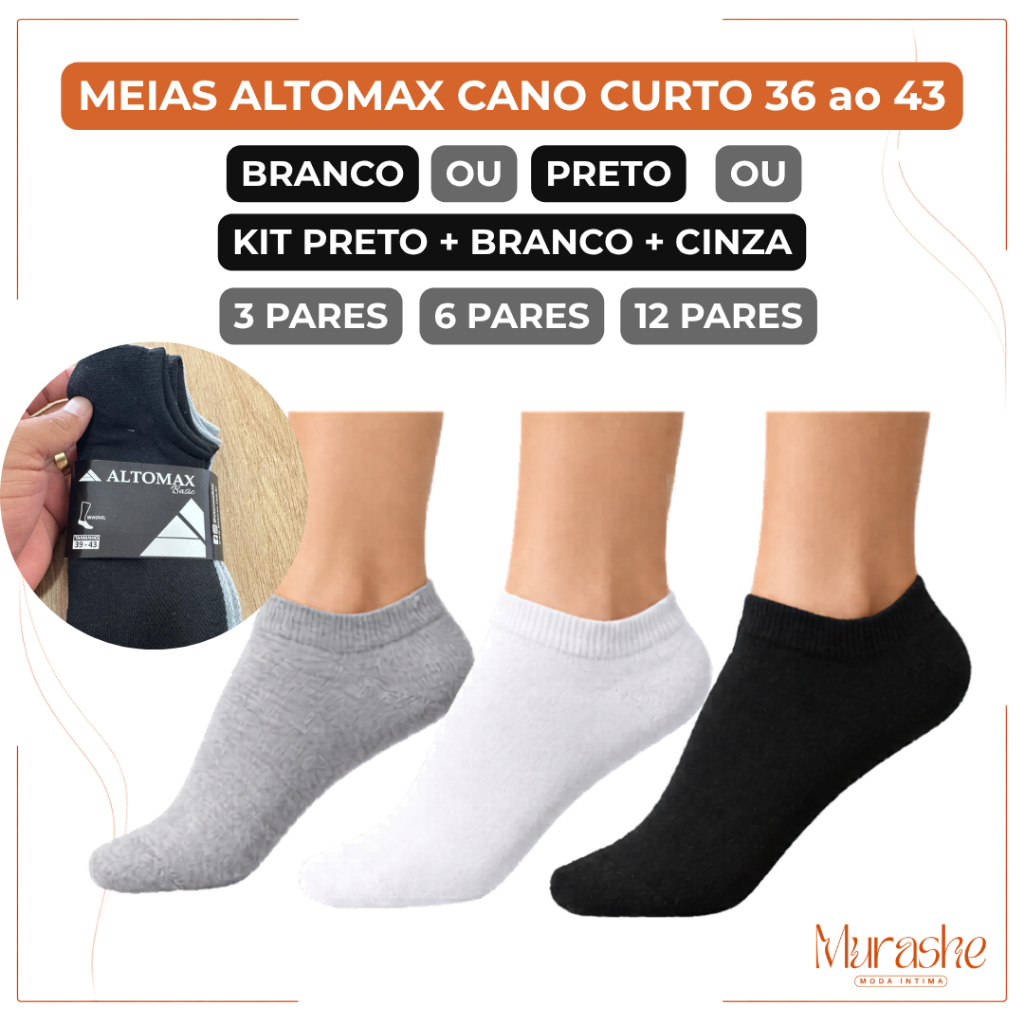 Meias Altomax Cano Curto Unissex 36 ao 46 Preto Branco Cinza Kit 3 6 12 Pares