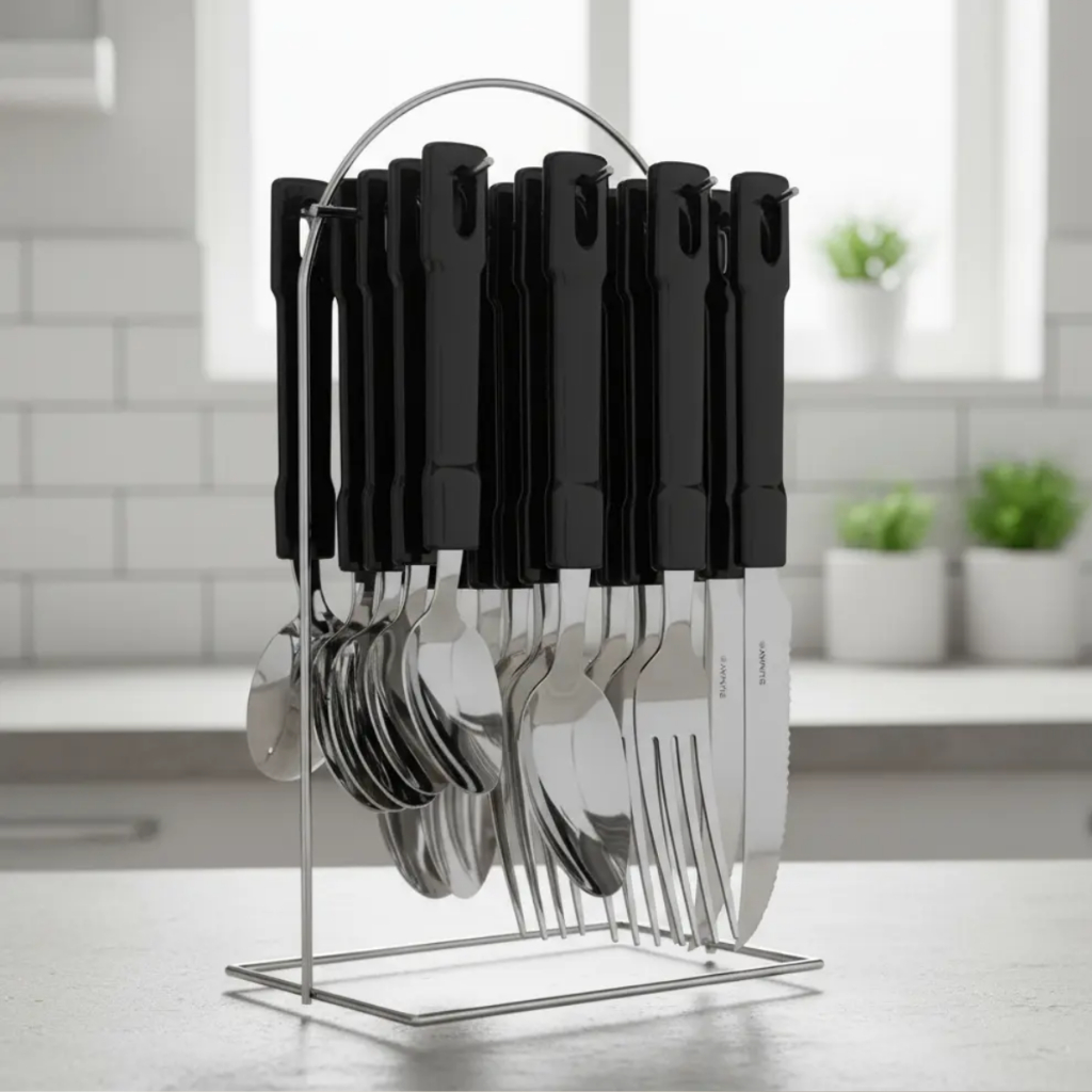 Jogo de Talheres Faqueiro Inox 25 Peças Pratic com Porta Talheres Suporte Organizador Cinza Sumay