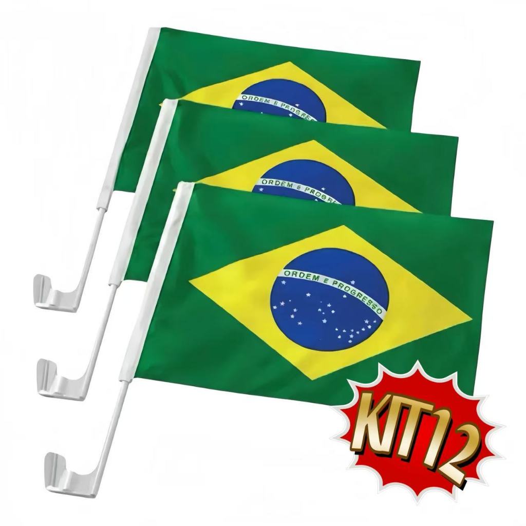 Bandeiras do Brasil Kit 12 30x45cm em Poliéster – Com Haste e Suporte Reforçado para Prender no Vidro do Carro