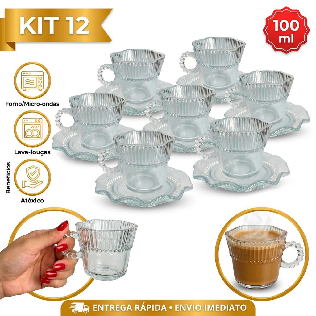 Kit Jogo 12 Peças Lynx Sendo 06 Xicaras 100ml de Vidro + 06 Pires Para Cafe e Cha  Vidro Trabalhado