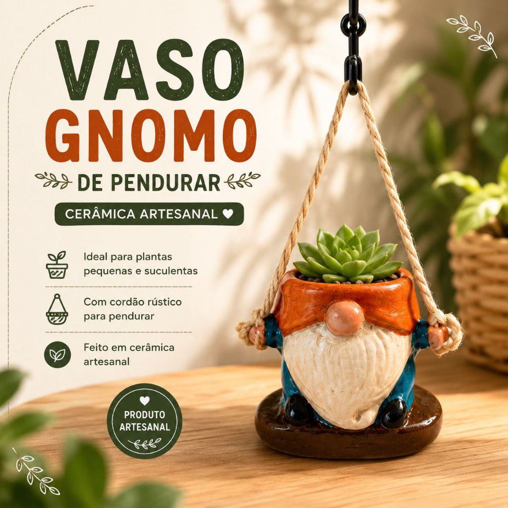 Vaso Suspenso Cerâmica Pendurar Suculenta Decorativo Gnomo Duende Área Externa Resistente Sol Água