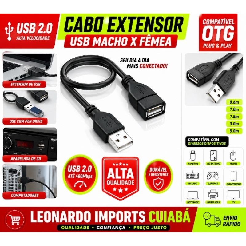 Cabo extensor USB 20cm - Painel Letreiro USB/ Toca CD / Pendrive/várias utilidades