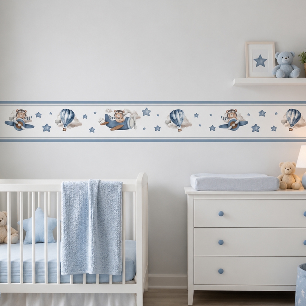 Kit 2 Faixa Adesivo de Parede Infantil Ursinho Aviador Quarto Menino Decoração Bebê